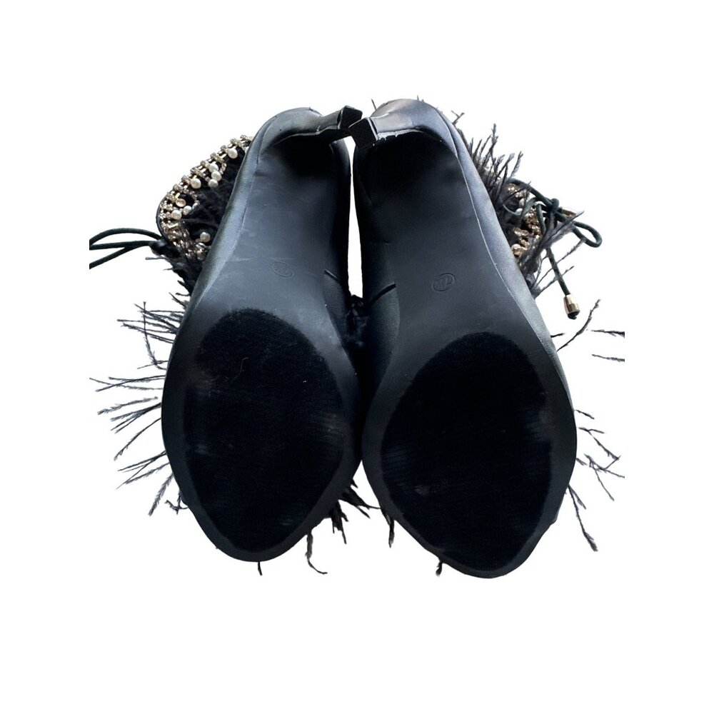 Feather Rhinestone Sexy Lace Heels Jubilee Ankle Bootie Black Peep Toe Pearl 7.5 - Picture 9 of 11